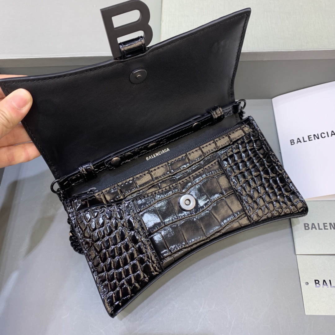 Balenciaga Small Hourglass Wallet With Chain Crocodile Embossed Shoulder Bag Black